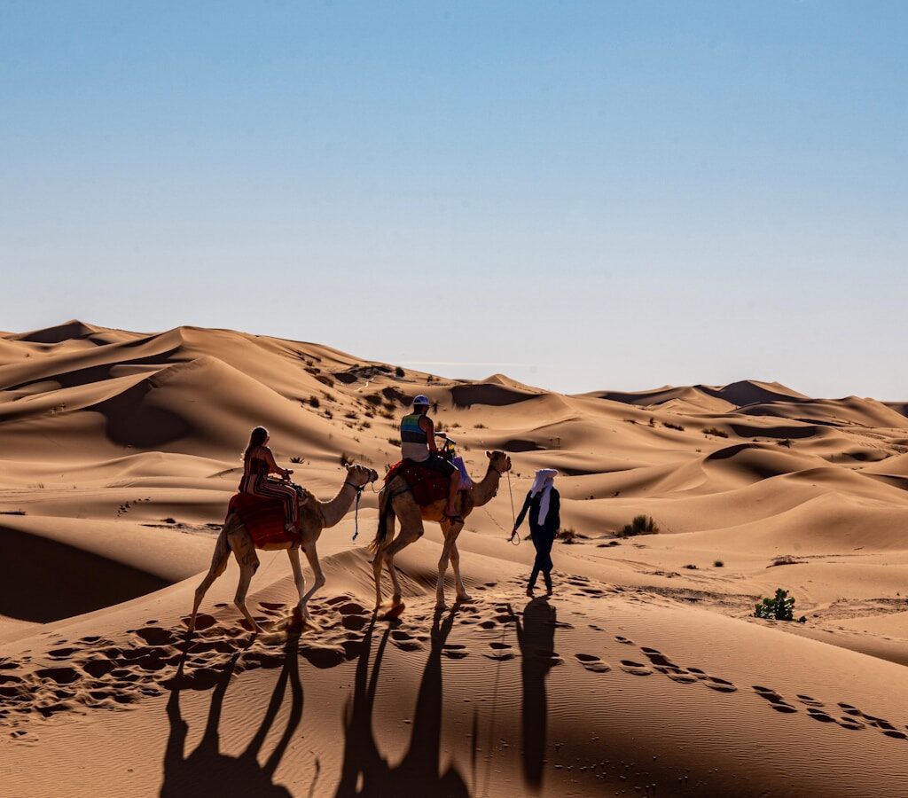 two persons riding camels beside walking person at the desert during day